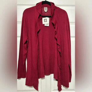 Anne Klein 3X Burgundy Ruffle Cascade Open Cardigan Sweater Cotton Women Plus